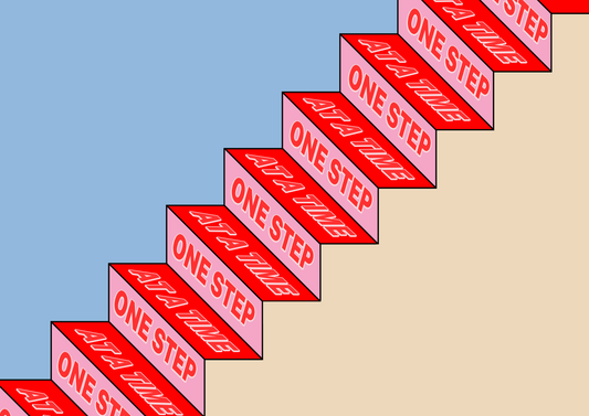 Staircase made of red and pink blocks with 'ONE STEP' text on a blue and beige background