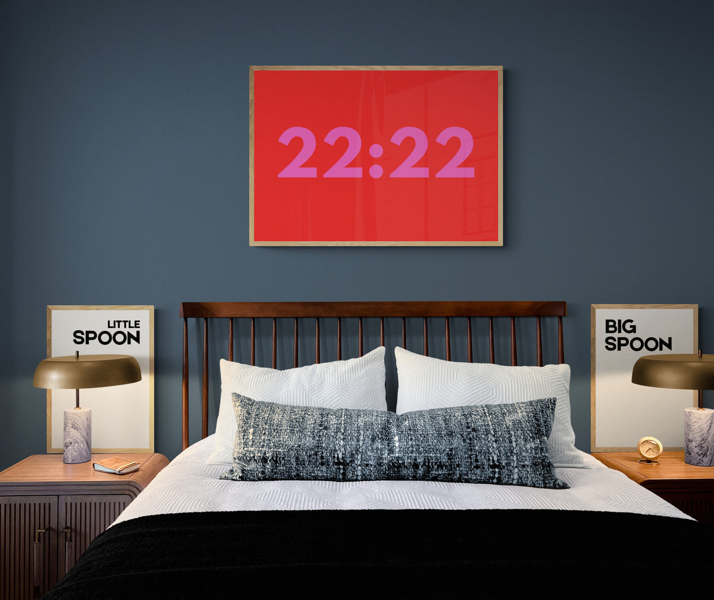 Big spoon and little spoon wall art print positioned either side of a bed with a bold bright red and pink print 22:22 above bed