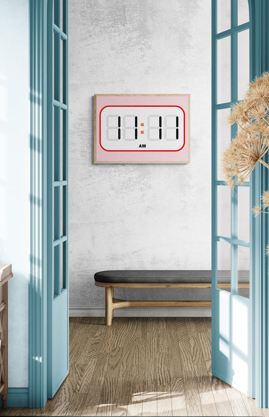 Modern interior with a digital alarm clock wall print with angel time 11:11 featured on it