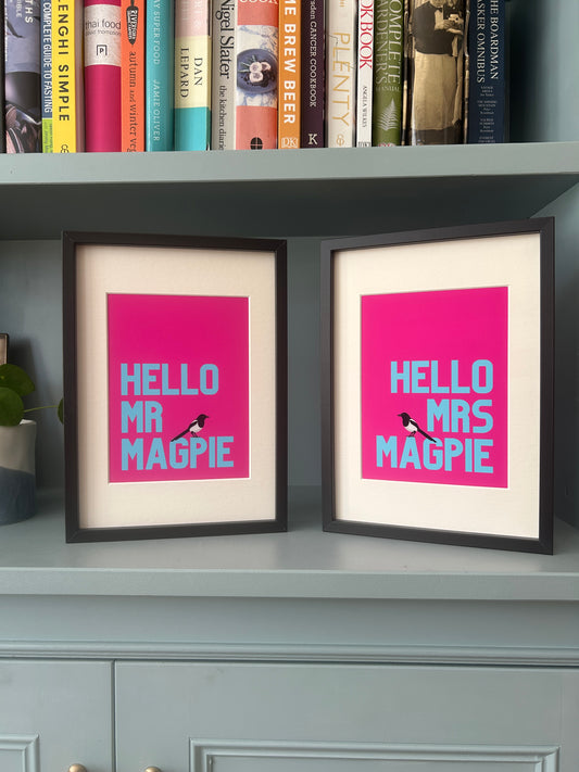 Hello Mr Magpie & Hello Mrs Magpie | Twin prints wedding gift