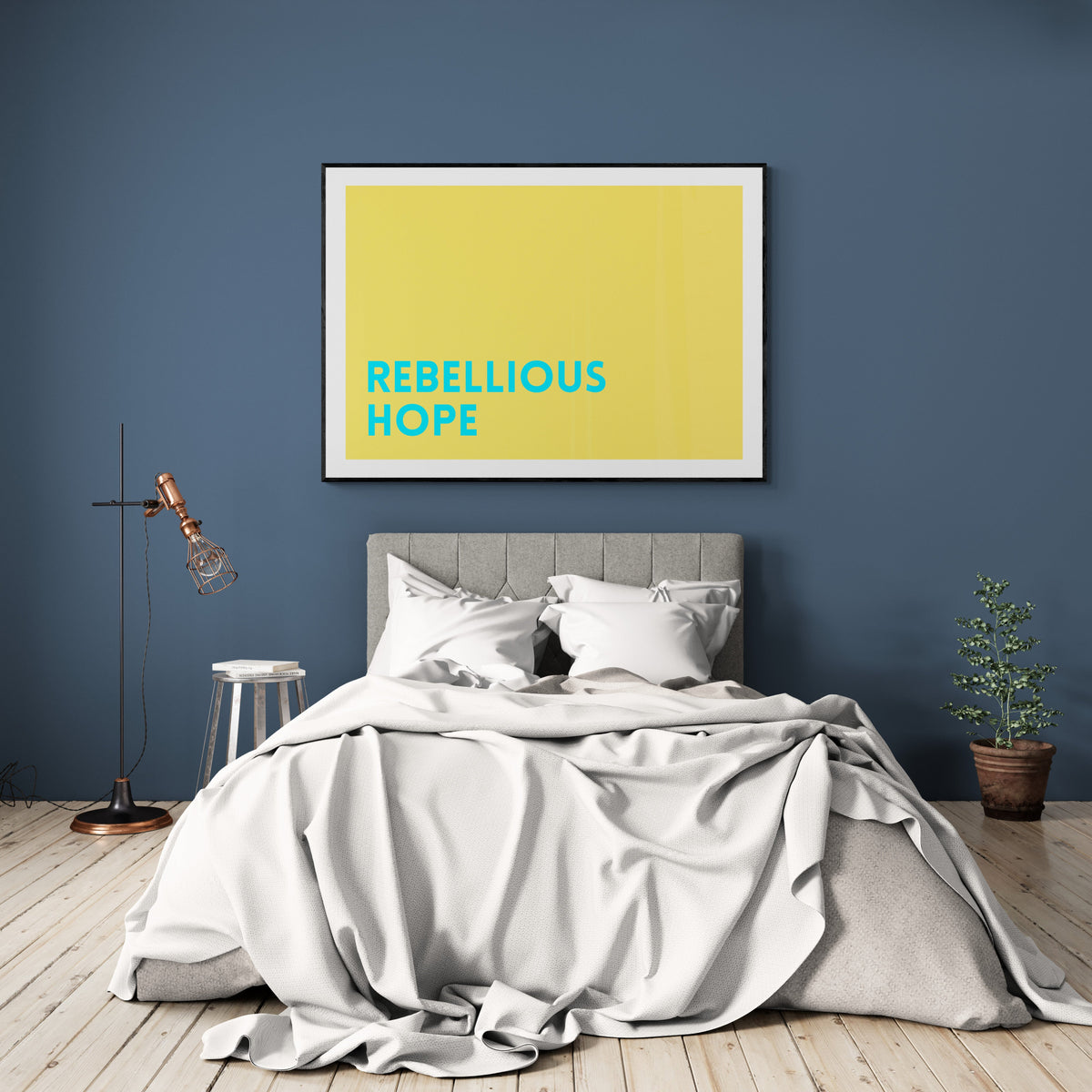 Barley Designs bold bright print with wording rebellious hope on a yellow background with turquoise writing