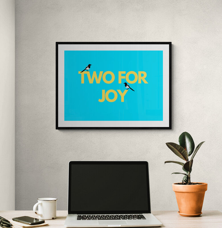 Two for Joy magpie art poster in bold dopamine colours