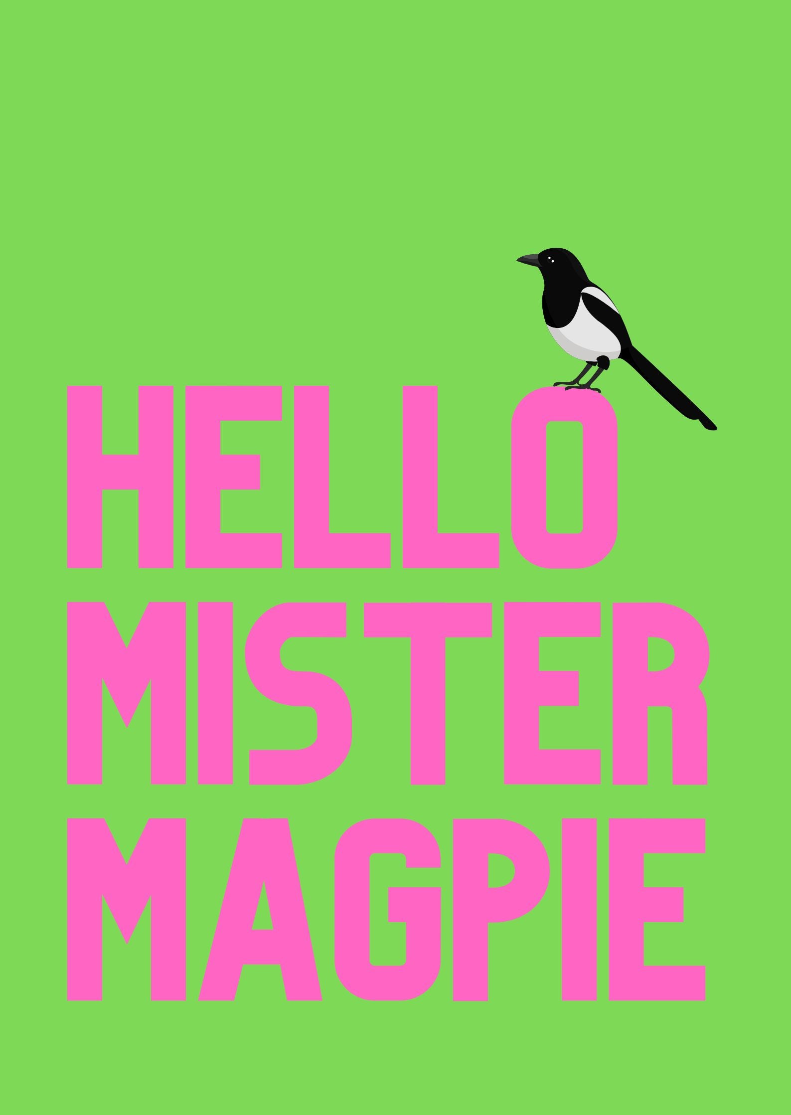 A vibrant wall art print with the phrase 'Hello Mister Magpie' featuring a black and white magpie on a bright green background with pink writing
