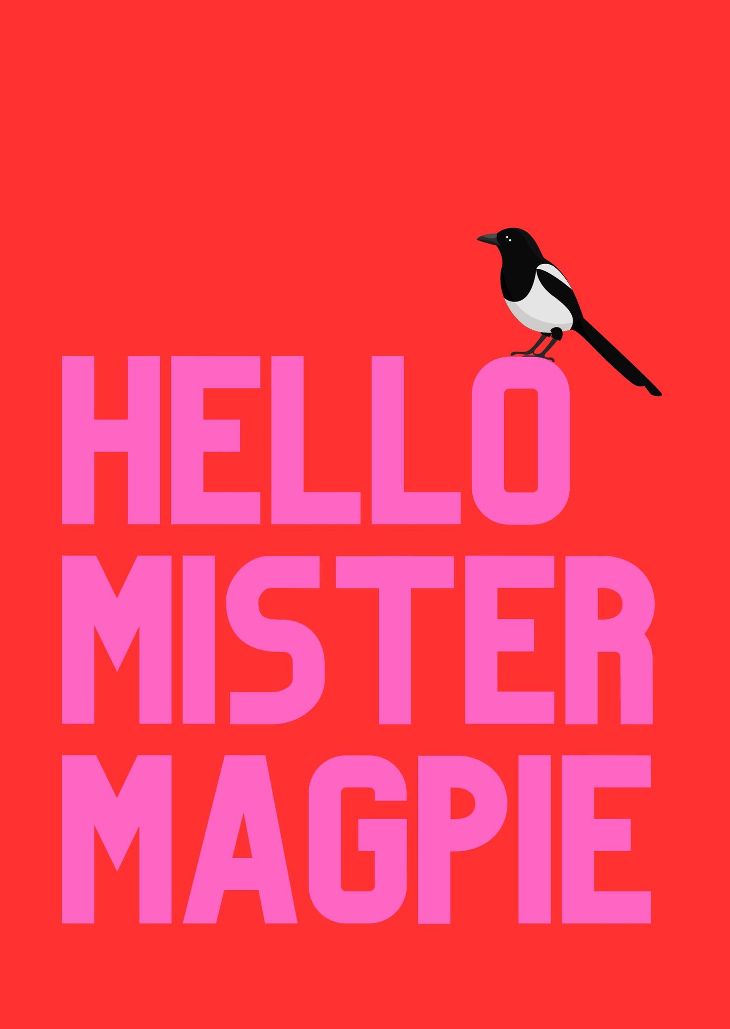 A vibrant wall art print with the phrase 'Hello Mister Magpie' featuring a black and white magpie.