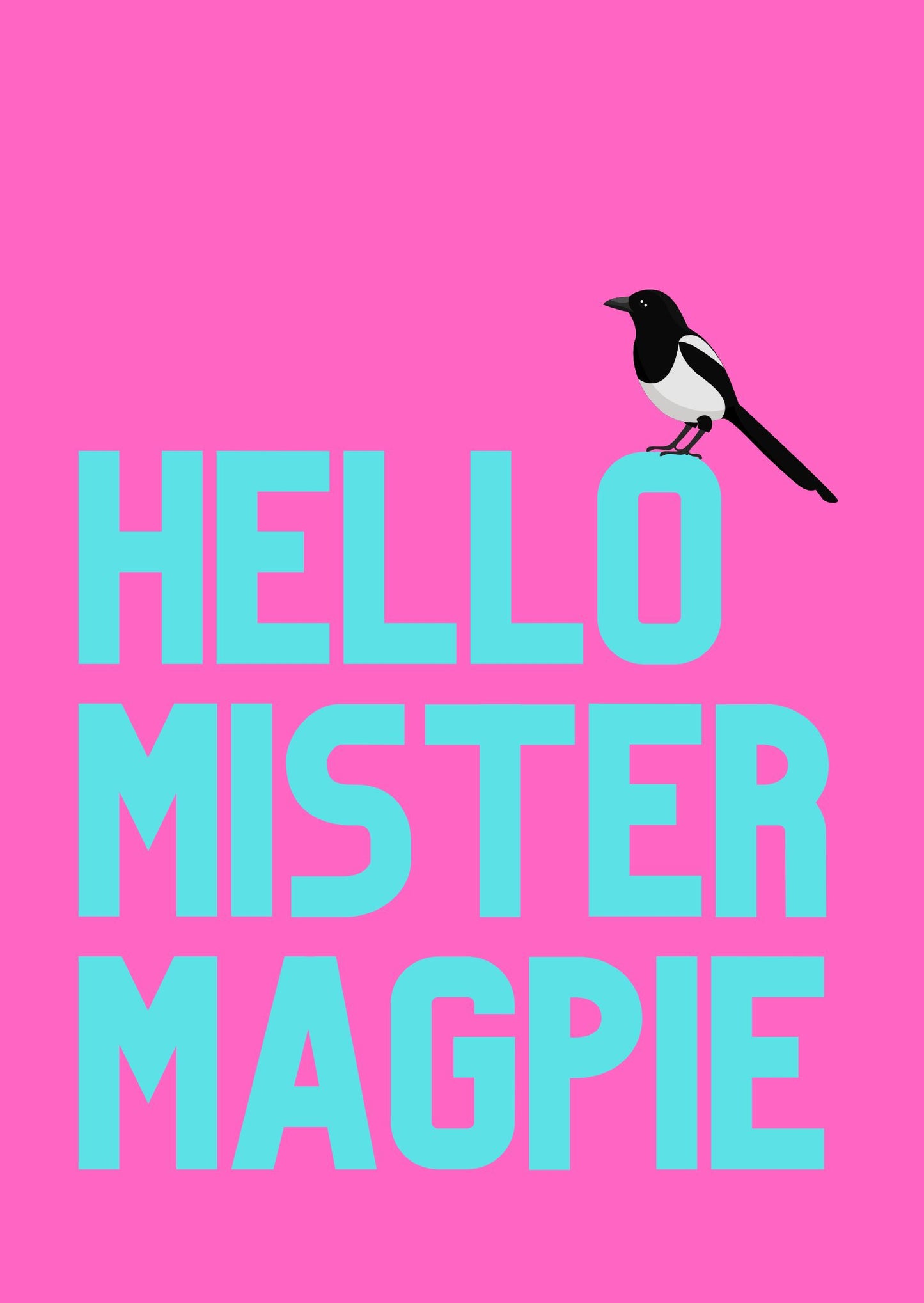A vibrant wall art print with the phrase 'Hello Mister Magpie' featuring a black and white magpie on a bright pink background with turquoise writing