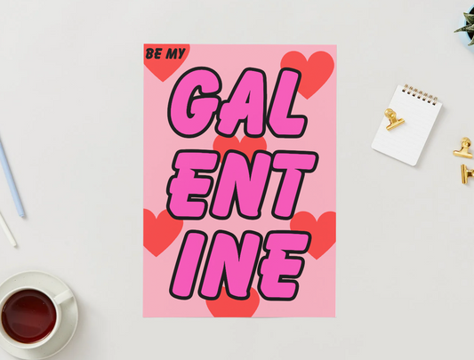 bright galentines day card with pink writing and red hearts in background