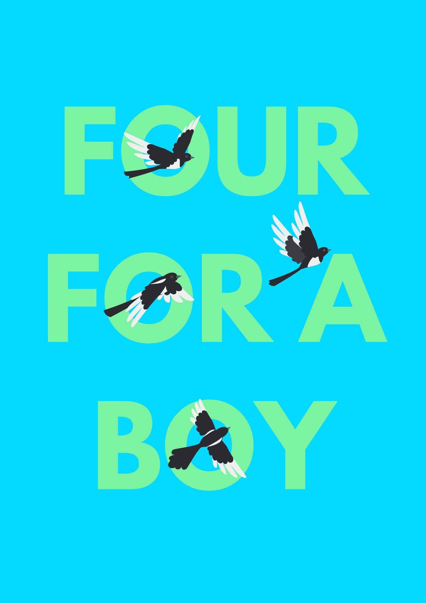 An art print with the text 'Four for a boy" and four magpies in the image 