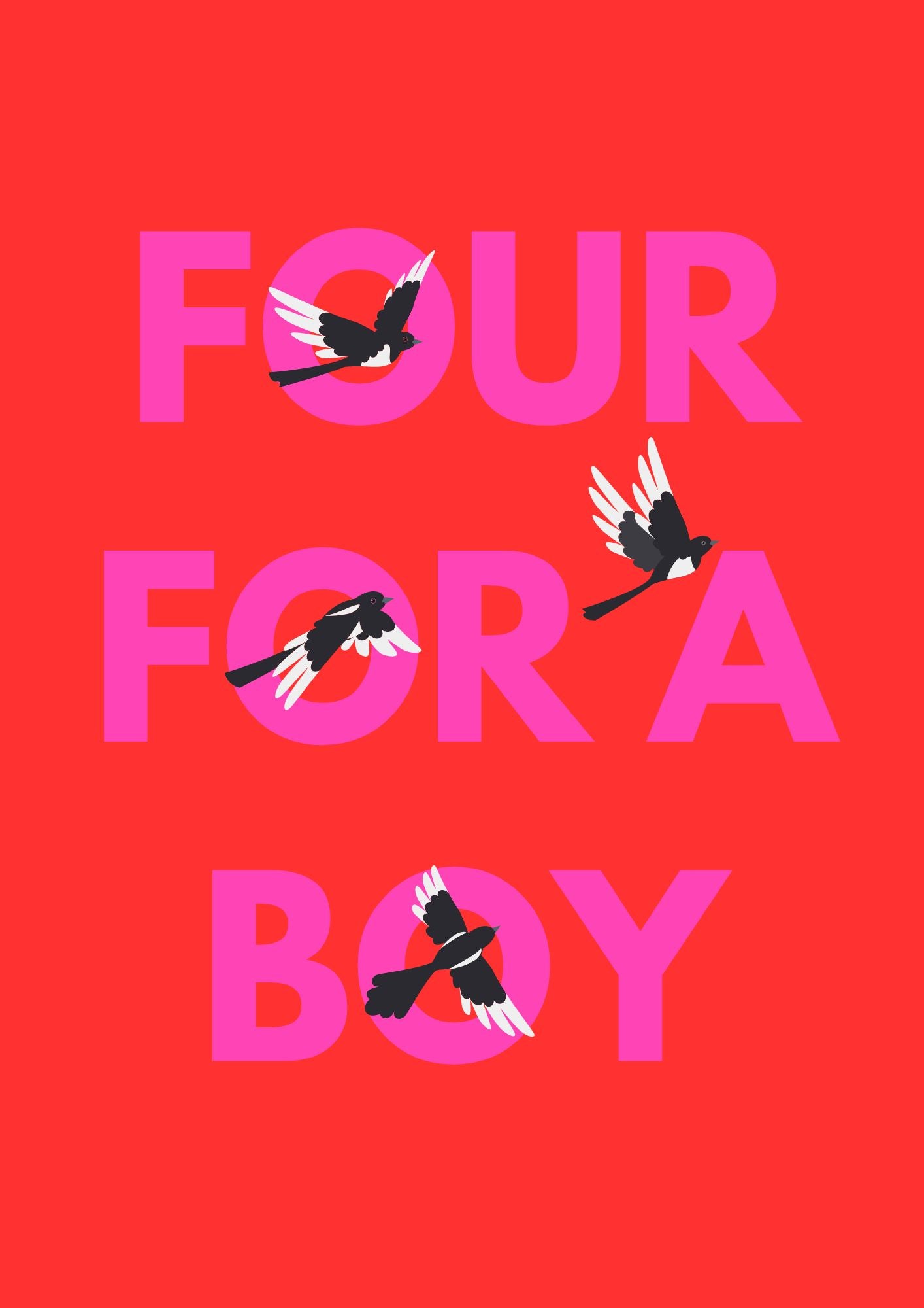 four for a oy folklore magpie inspired print with pink and red and four magpies 