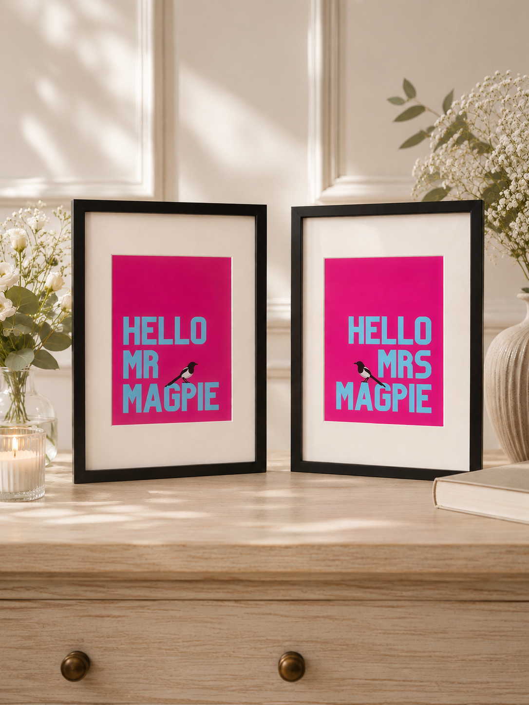 Framed Hello Mr Magpie & Hello Mrs Magpie | Twin prints wedding gift