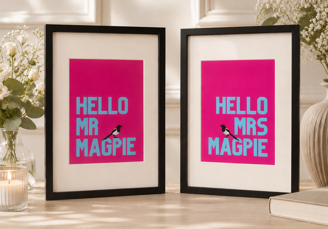 Framed Hello Mr Magpie & Hello Mrs Magpie | Twin prints wedding gift