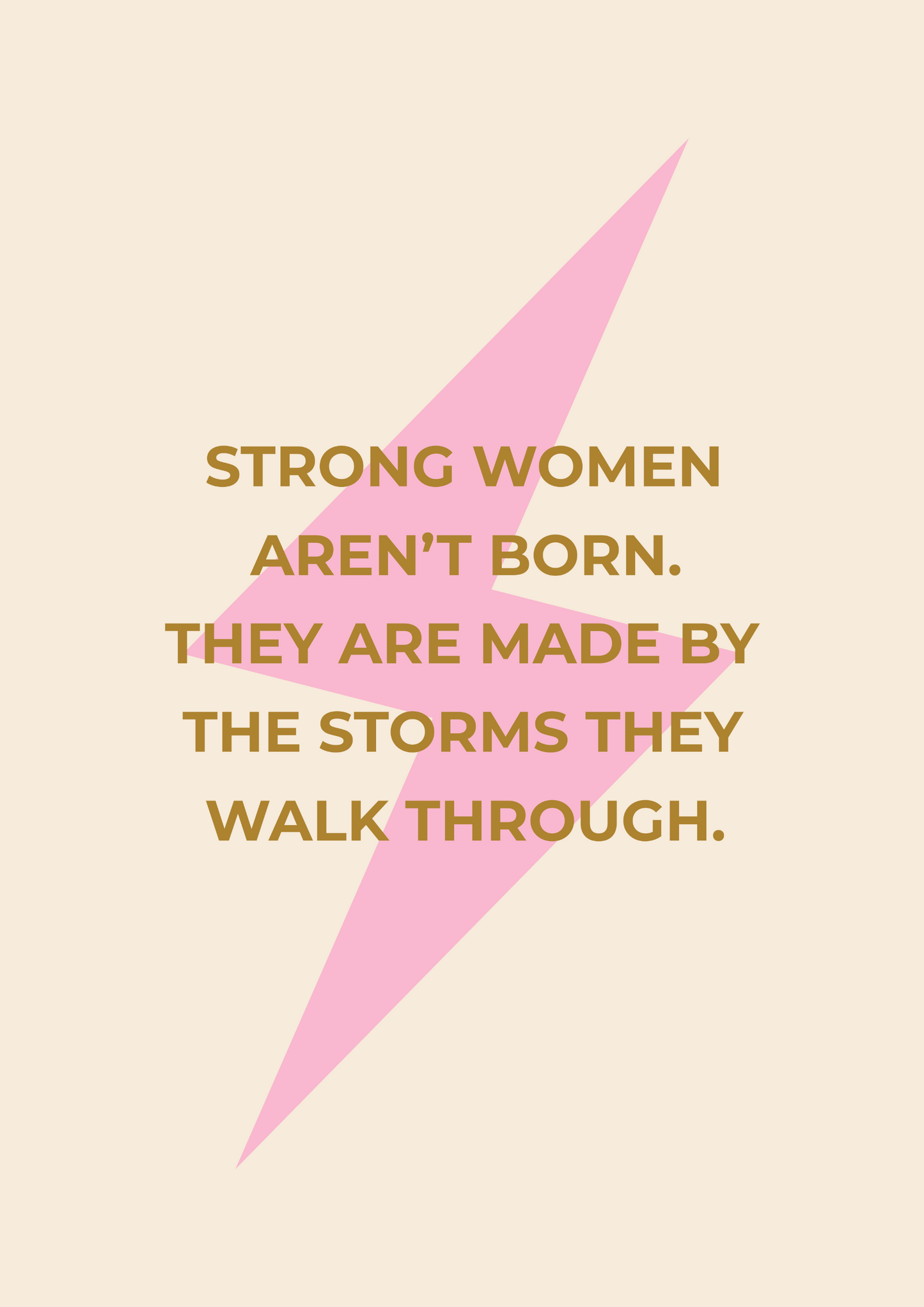 Motivational quote about strong women with a pink lightning bolt on a beige background