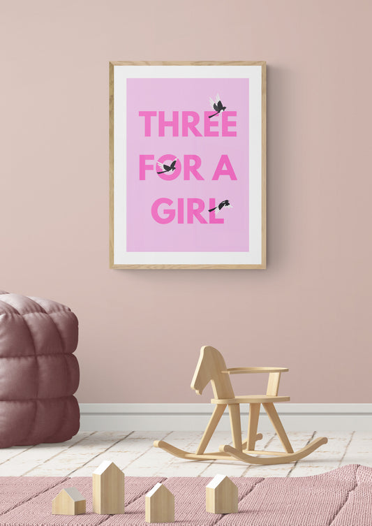 Three for a Girl magpie wall art print
